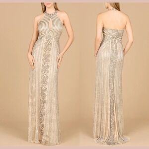 NWT $498 Lara New York [ 8‎ ] 29600 Beaded Halter Keyhole Neck Gown Nude S2067
